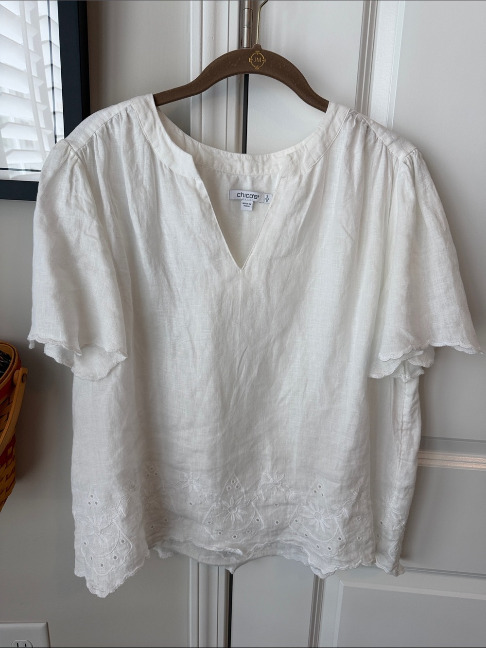 Chico's White Linen Eyelet V-Neck Blouse